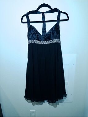 Adrianna Papell Black Chiffon Halter Dress with Embroidered Waist